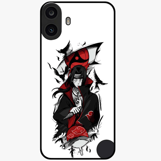 Itachi Sharingan Glass Case showing flat back view with powerful anime eye artwork and glossy glass finish.