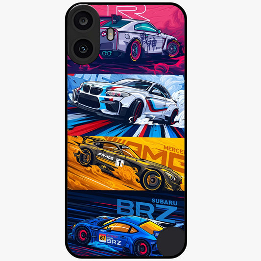 JDM Sports Car Glass Case showing flat back view with high performance sports car artwork and glossy glass finish.