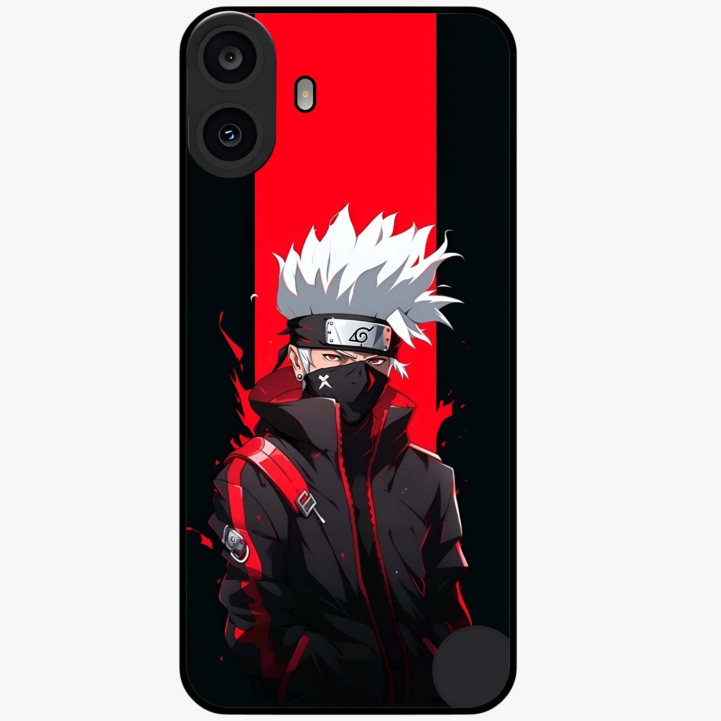 Kakashi Scarlet Shadow Glass Case showing flat back view with powerful anime ninja artwork and glossy glass finish.