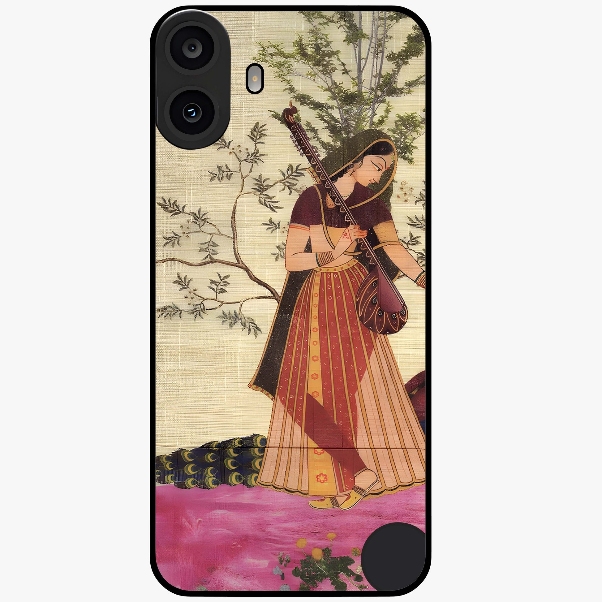 Lady With Veena Art Glass Case showing flat back view with elegant woman playing veena artwork and glossy glass finish.