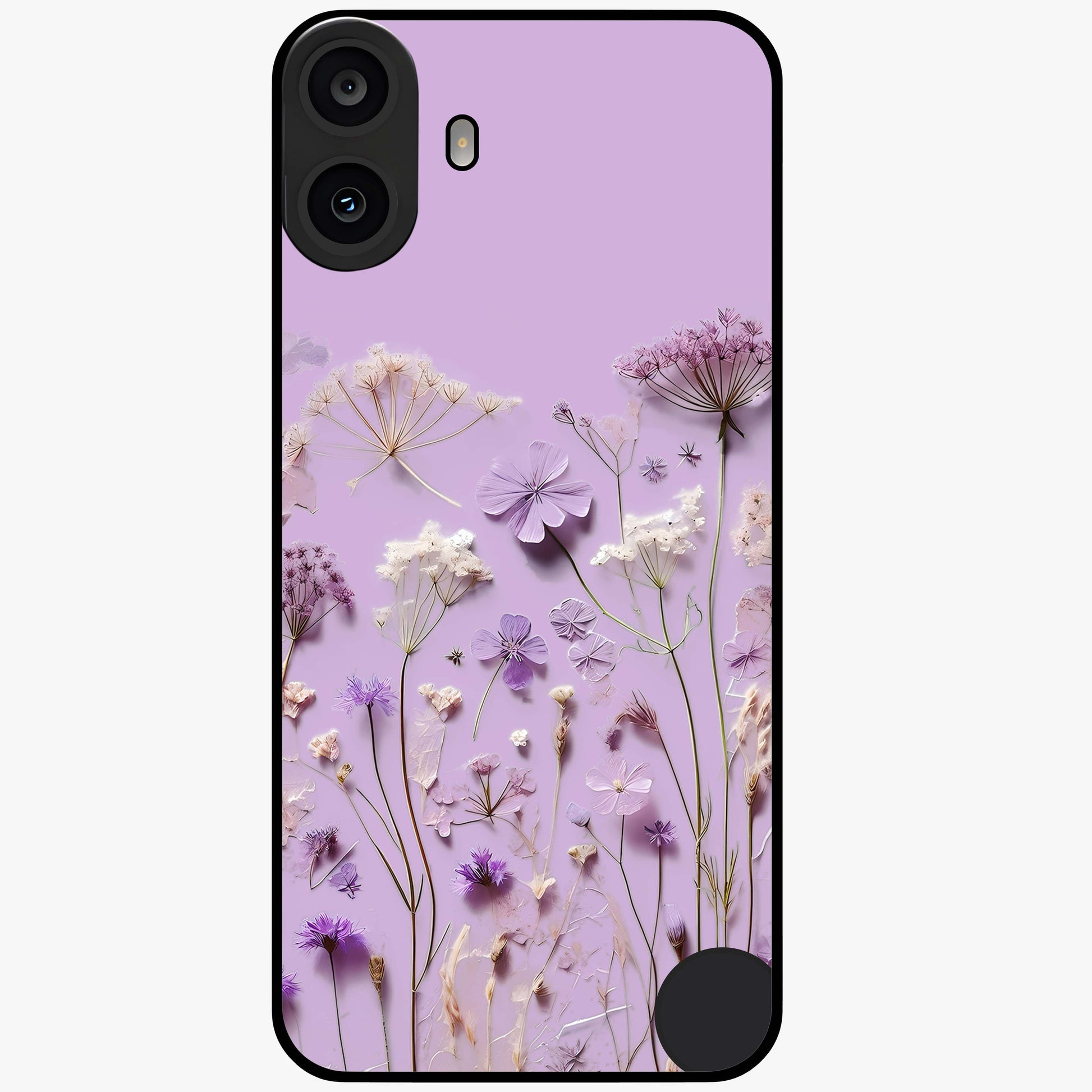 Lavender Blossom Dream Glass Case showing flat back view with soft lavender floral artwork and glossy glass finish.