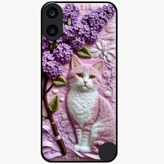Lavender Cat Whimsy Glass Case showing flat back view with cute lavender cat artwork and glossy glass finish.
