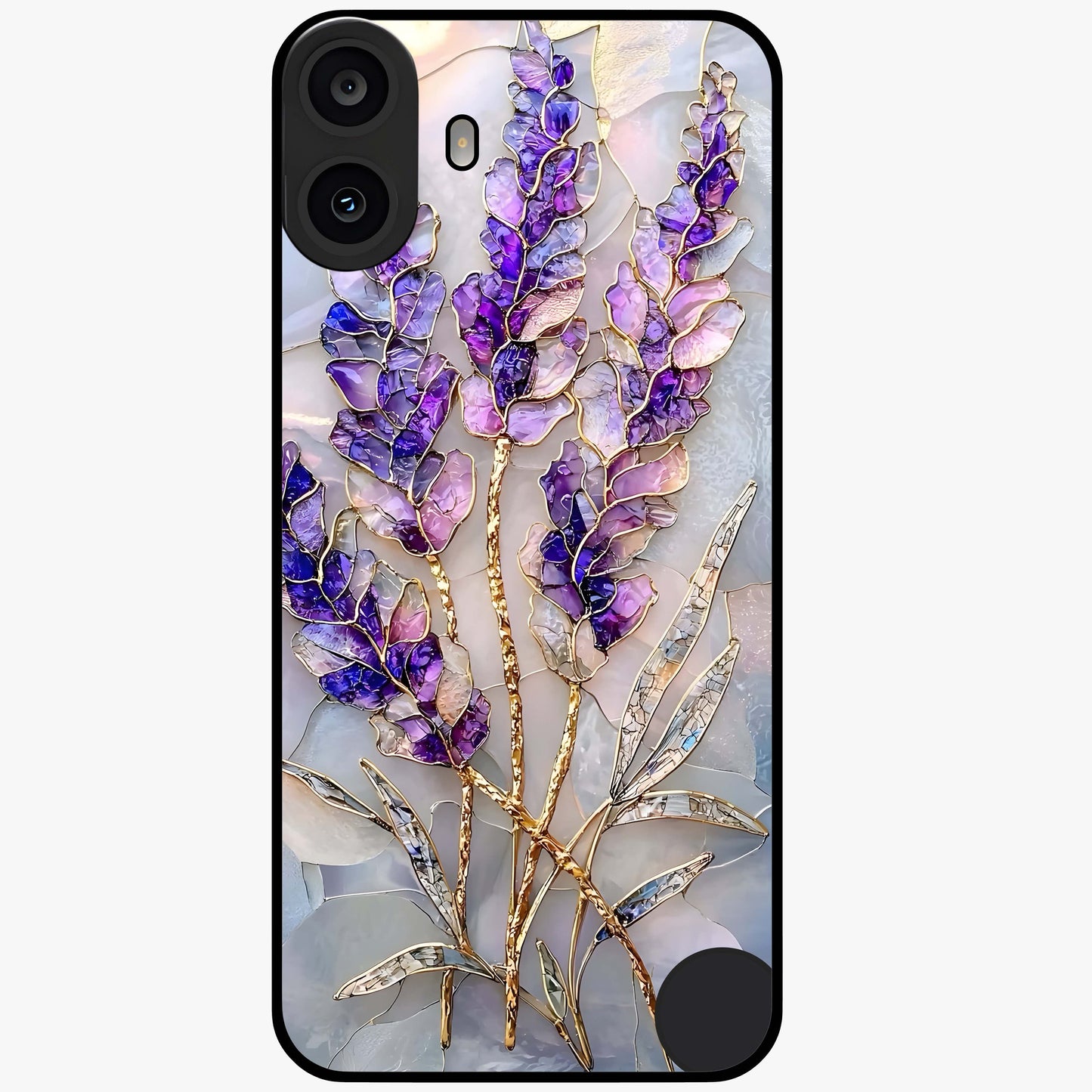 Lavender Dream Glow Glass Case showing flat back view with glowing lavender aesthetic artwork and glossy glass finish.