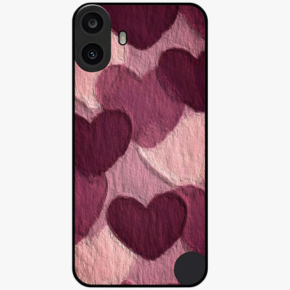 Layered Paper Hearts Glass Case showing flat back view with layered paper heart artwork and glossy glass finish.