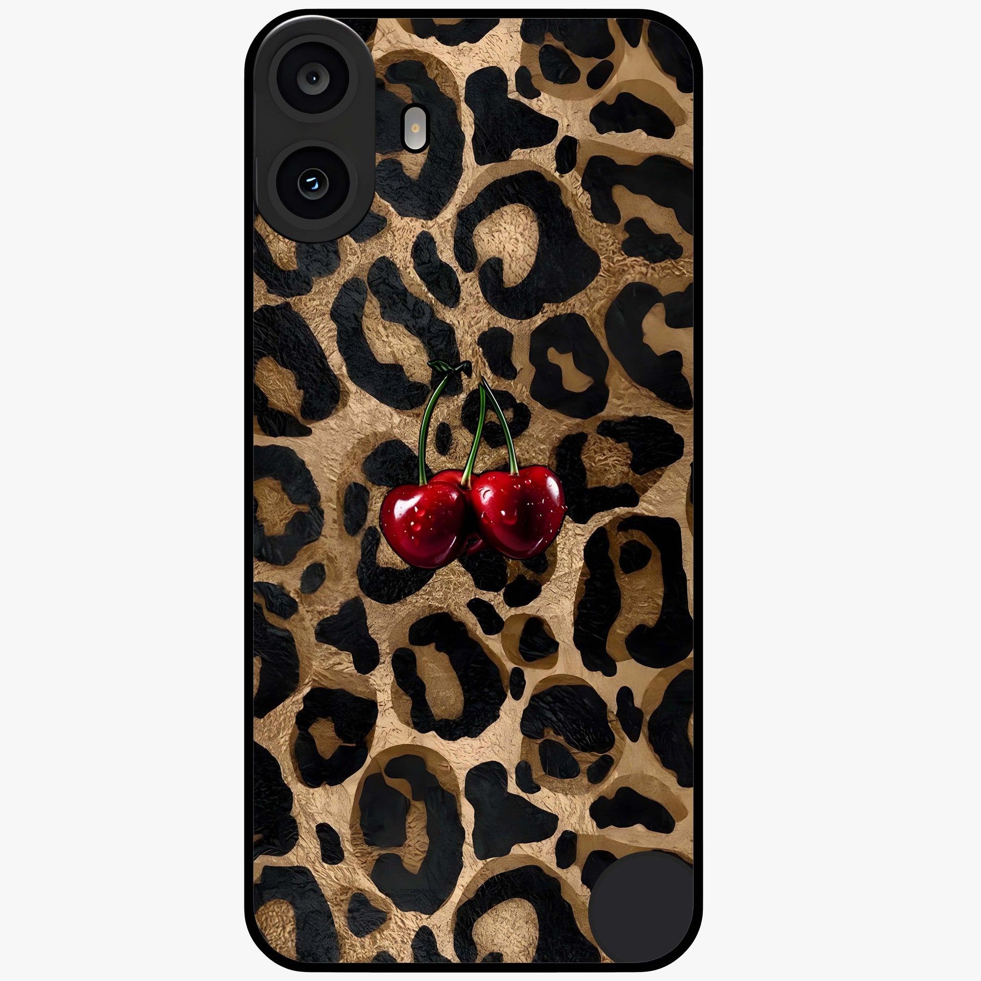 Leopard Wild Cherry Glass Case showing flat back view with leopard pattern and cherry artwork and glossy glass finish.