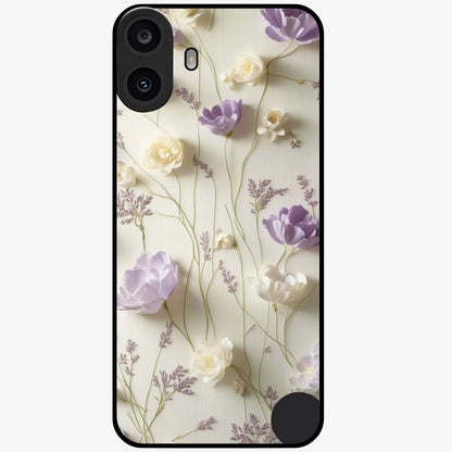 Lilac Breeze Harmony Glass Case showing flat back view with soft lilac themed artwork and glossy glass finish.