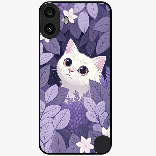 Lilac Hide Peek Cat Glass Case showing flat back view with cute peeking cat artwork and glossy glass finish.
