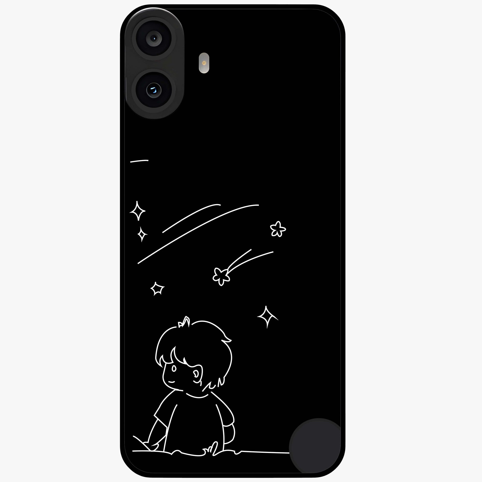 Line Art Boy With Shooting Stars Glass Case showing flat back view with minimal line art boy and shooting stars illustration and glossy glass finish.