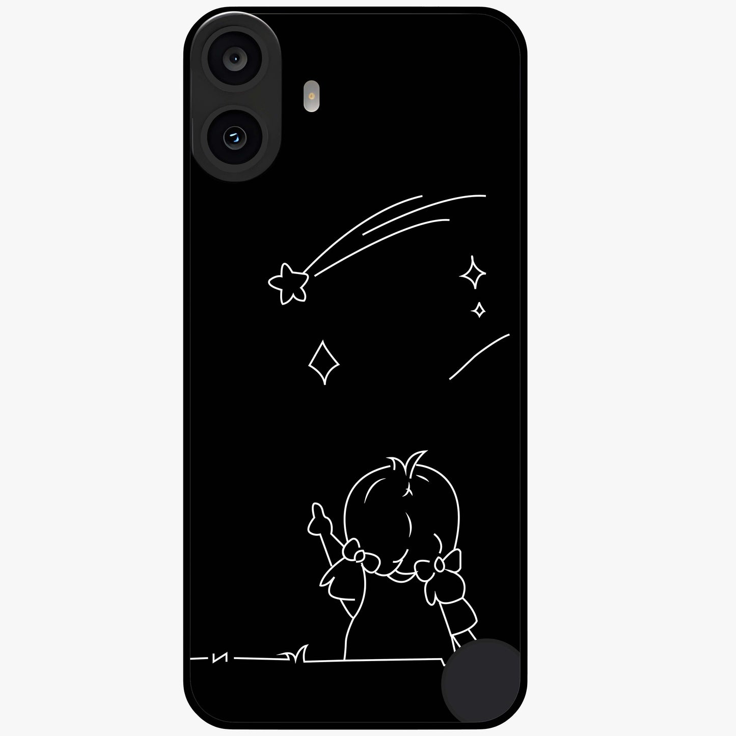 Line Art Girl With Shooting Stars Glass Case showing flat back view with minimal line art girl and shooting stars illustration and glossy glass finish.