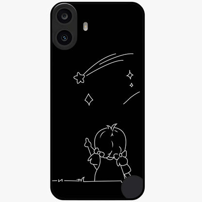 Line Art Girl With Shooting Stars Glass Case showing flat back view with minimal line art girl and shooting stars illustration and glossy glass finish.
