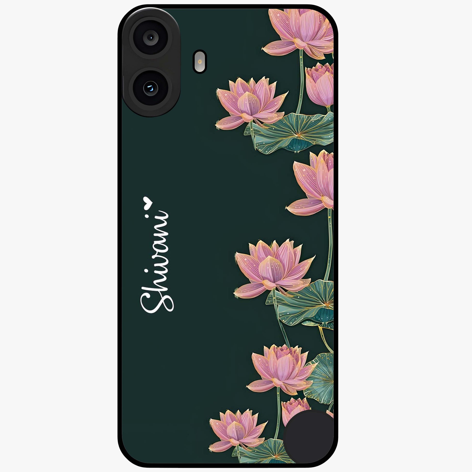 Lotus Bloom Serenity Custom Name Glass Case showing flat back view with elegant lotus flower artwork and personalized name design.