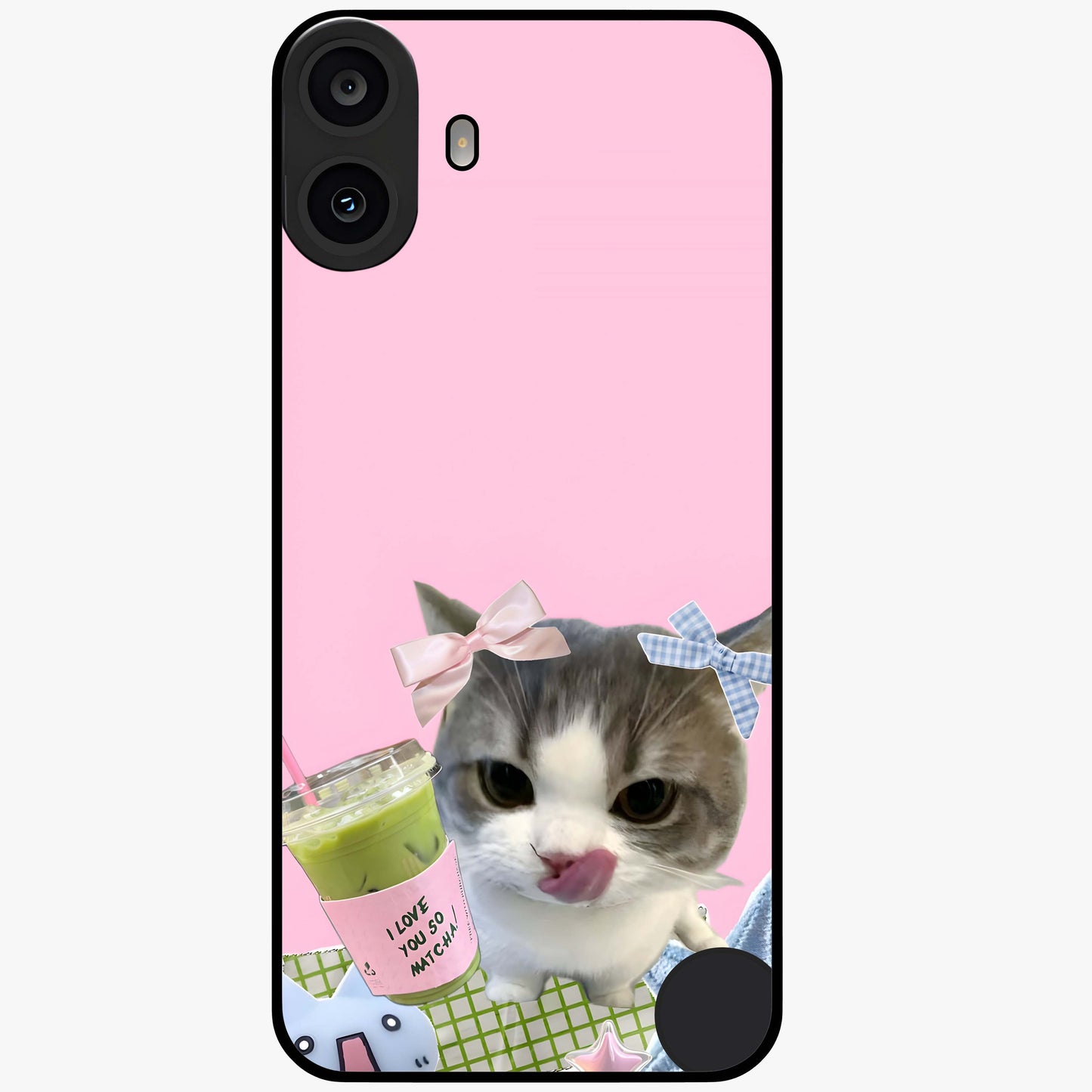 Love Matcha Cat Glass Case showing flat back view with cute cat and matcha themed artwork and glossy glass finish.