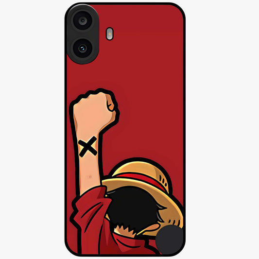 Luffy X Spirit Glass Case showing flat back view with bold anime character artwork and glossy glass finish.