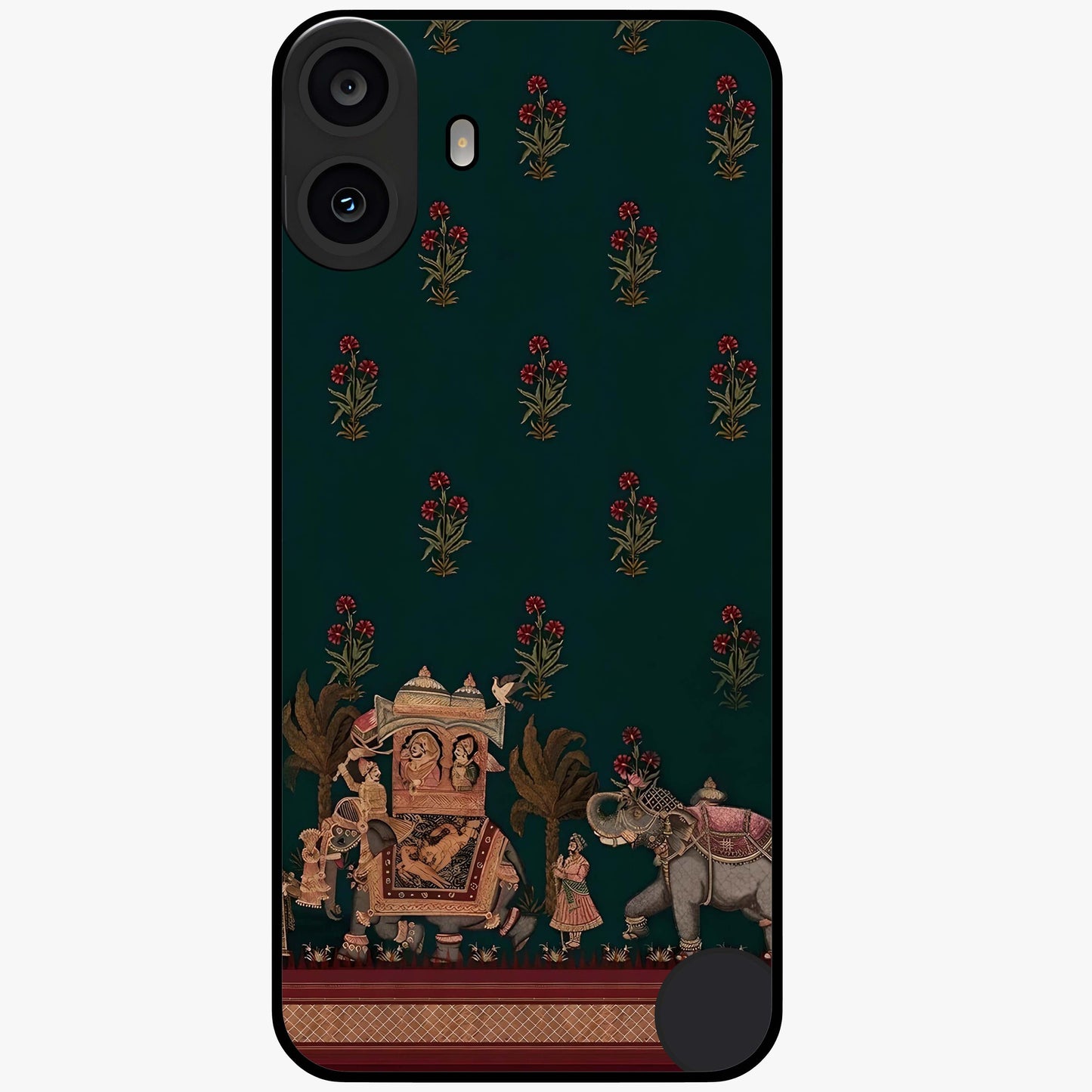 Macmerise Glass Case showing flat back view with stylish modern artwork and glossy glass finish.