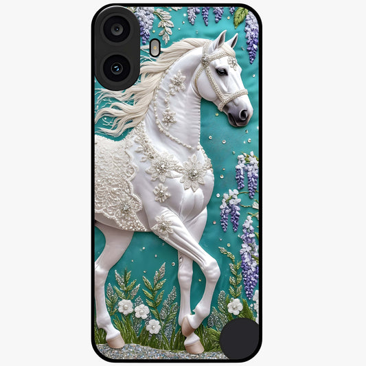 Majestic Floral Stallion Glass Case showing flat back view with powerful horse and floral artwork and glossy glass finish.
