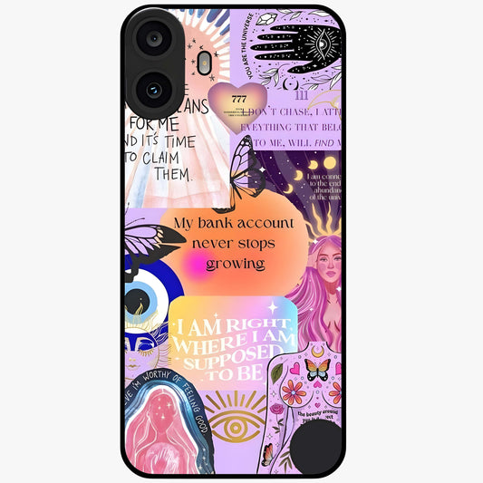 Manifestation Collage Glass Case showing flat back view with motivational collage artwork and glossy glass finish.