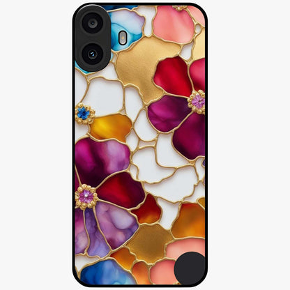 Marble Flower Pattern Glass Case showing flat back view with marble texture floral artwork and glossy glass finish.