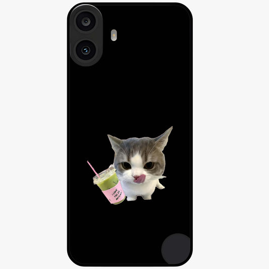 Matcha Cat Style Glass Case showing flat back view with cute matcha themed cat artwork and glossy glass finish.