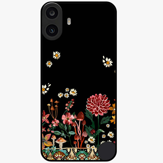 Midnight Bloom Pattern Glass Case showing flat back view with dark floral pattern artwork and glossy glass finish.