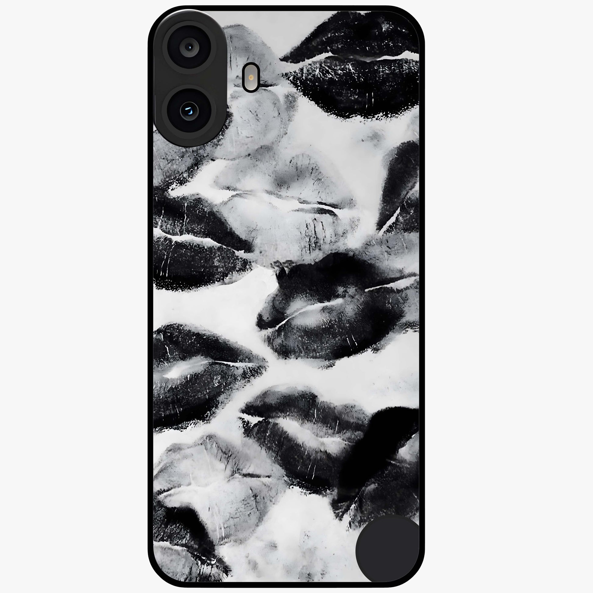 Midnight Kiss Marks Glass Case showing flat back view with lipstick kiss mark artwork and glossy glass finish.
