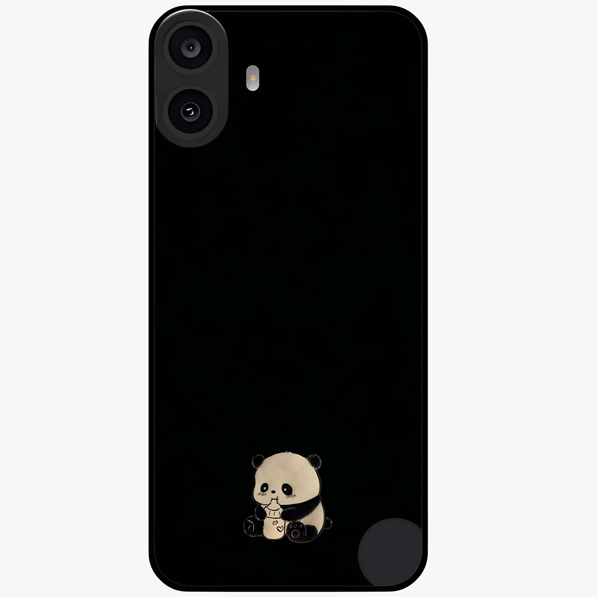 Midnight Panda Love Glass Case showing flat back view with cute panda themed artwork and glossy glass finish.