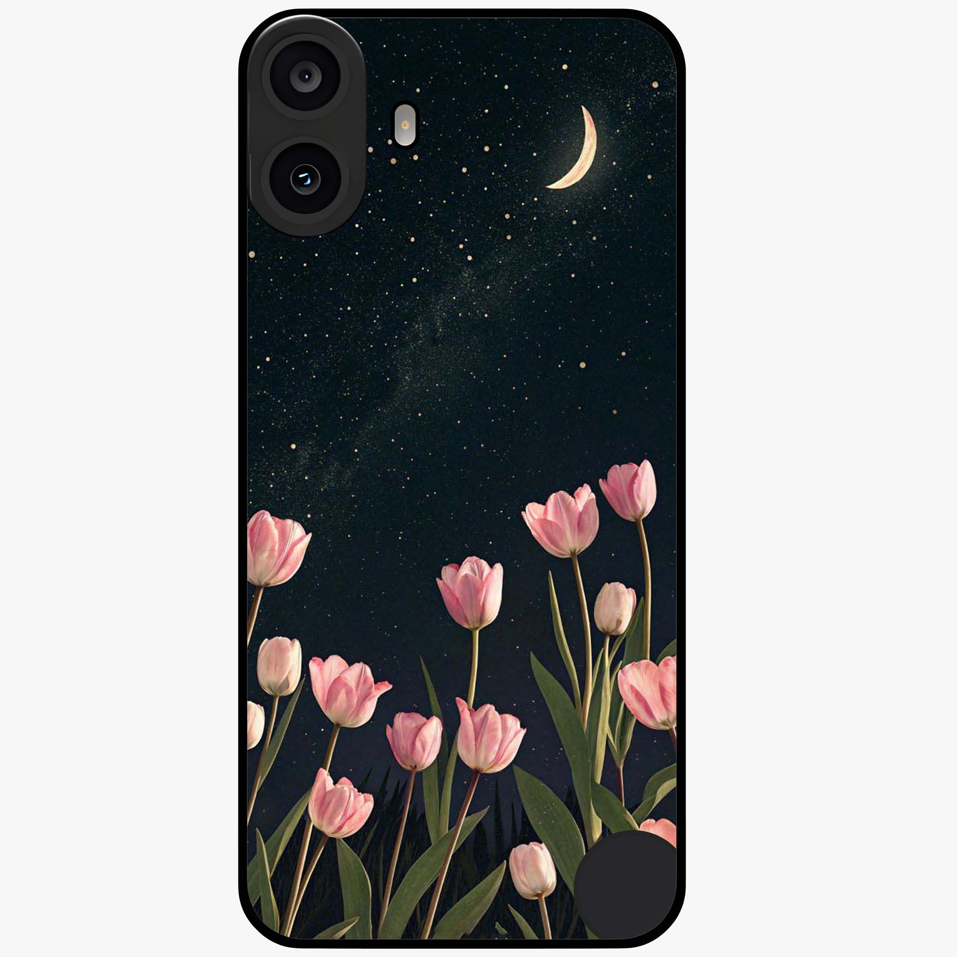 Midnight Tulip Whispers Vibe Glass Case showing flat back view with elegant tulip flower artwork and glossy glass finish.