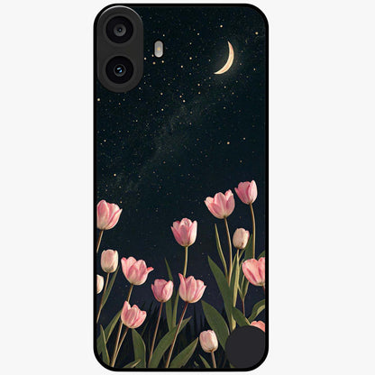 Midnight Tulip Whispers Vibe Glass Case showing flat back view with elegant tulip flower artwork and glossy glass finish.