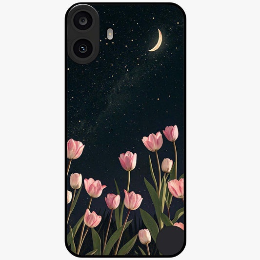 Midnight Tulip Whispers Vibe Glass Case showing flat back view with elegant tulip flower artwork and glossy glass finish.