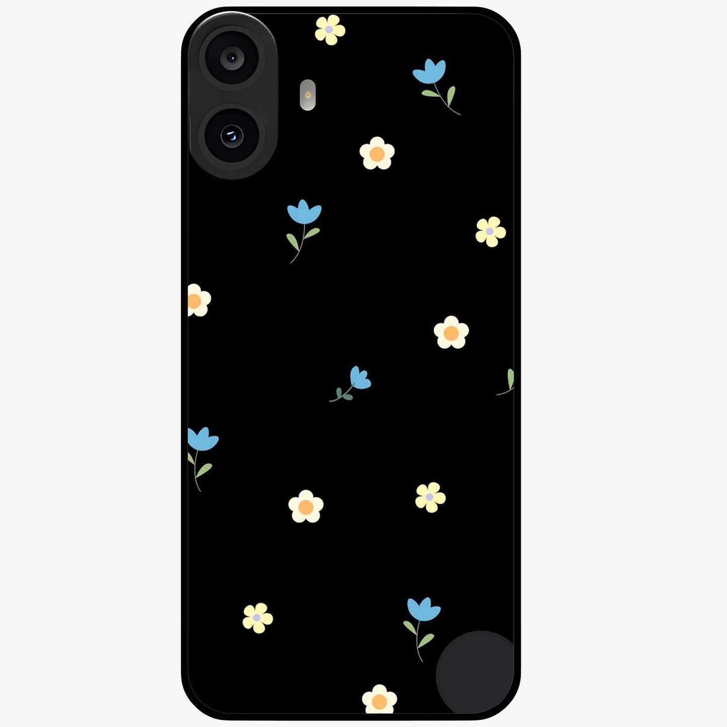 Minimalistic Blue With White Flower Pattern Glass Case showing flat back view with blue background and white flower pattern and glossy glass finish.
