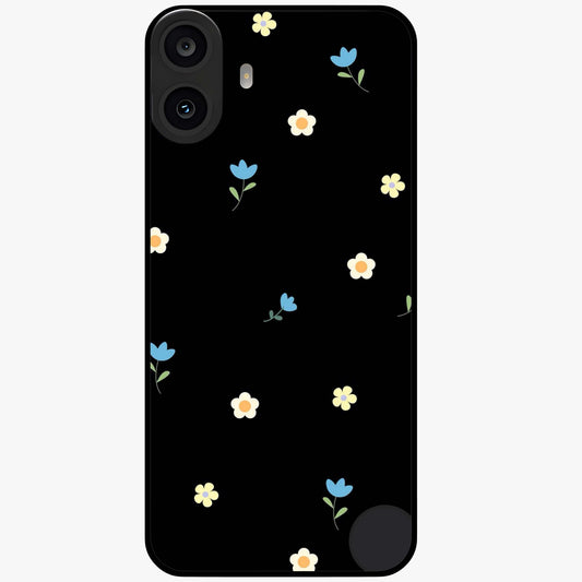 Minimalistic Blue With White Flower Pattern Glass Case showing flat back view with blue background and white flower pattern and glossy glass finish.