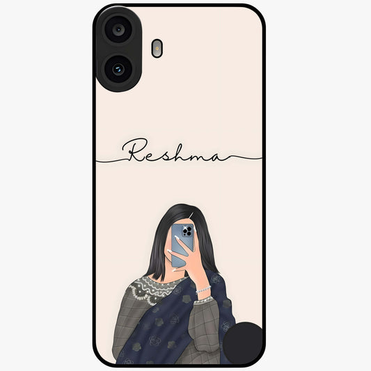 Mirror Mood Muse With Custom Name Glass Case showing flat back view with stylish mirrored artwork and personalized name design.