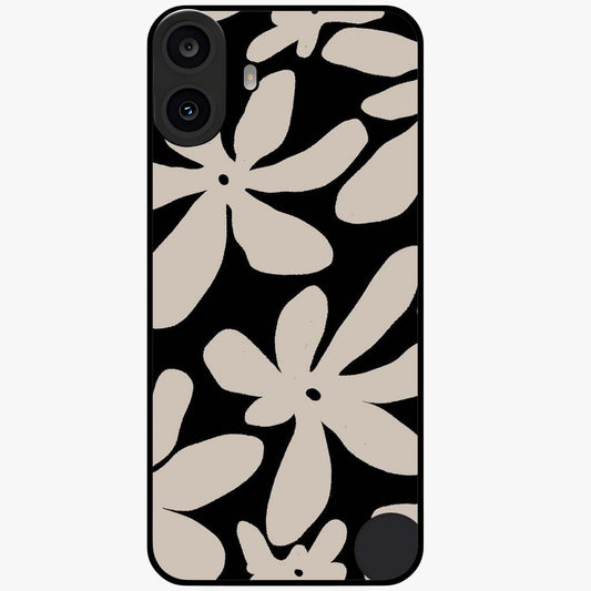 Monochrome Petal Dance Glass Case showing flat back view with monochrome floral artwork and glossy glass finish.