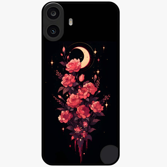Moonlit Floral Elegance Glass Case showing flat back view with elegant floral artwork under moonlit tones and glossy glass finish.