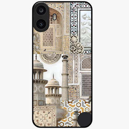 Mughal Marble Legacy Glass Case showing flat back view with intricate Mughal inspired marble pattern and glossy glass finish.
