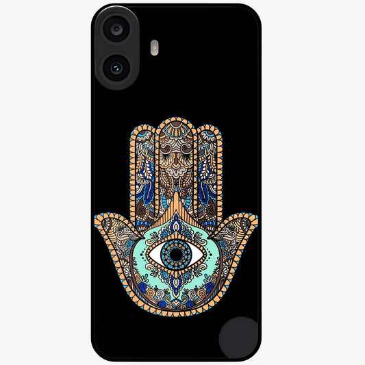 Mystic Hamsa Eye Glass Case showing flat back view with protective hamsa hand and evil eye artwork and glossy glass finish.