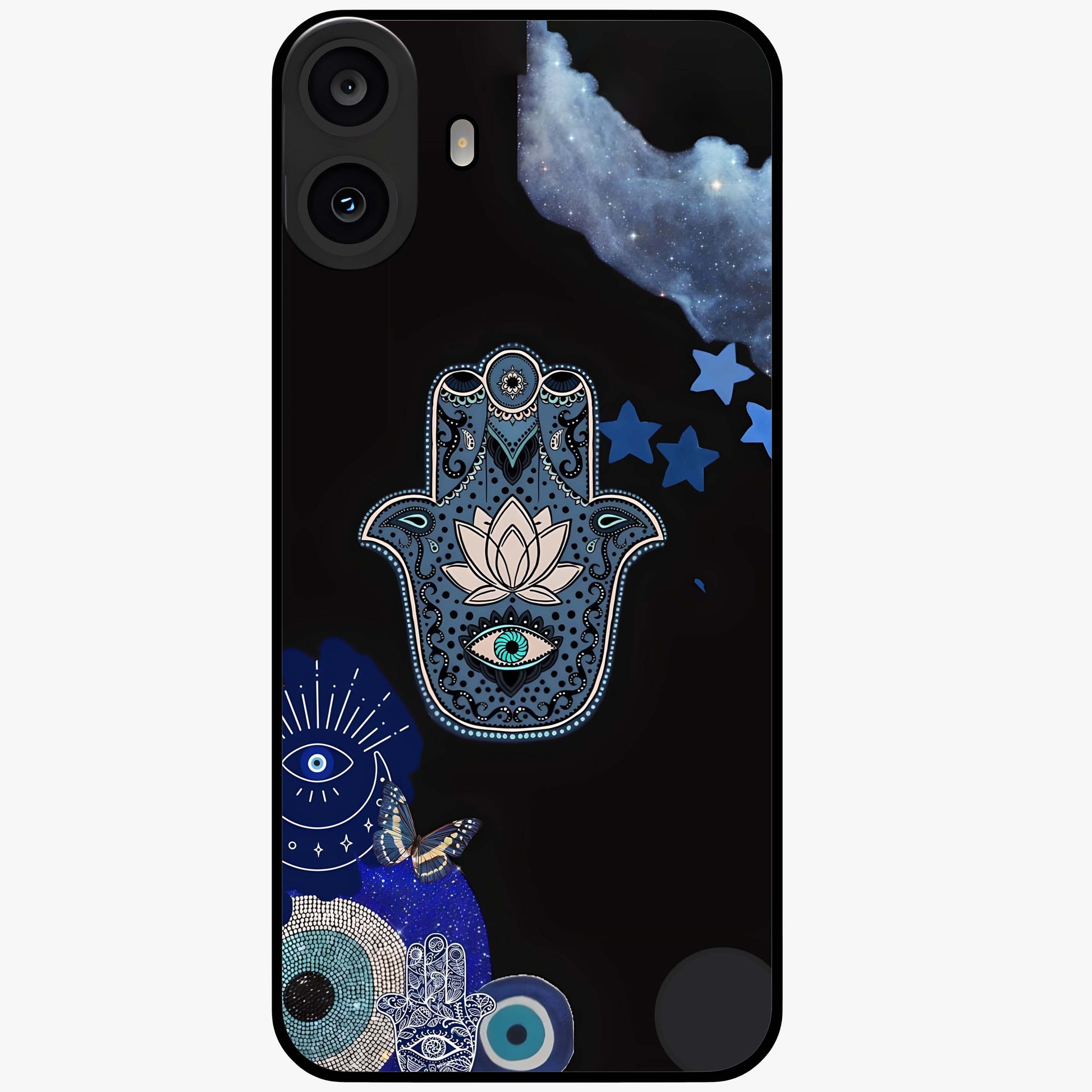 Mystic Hand Aura Glass Case showing flat back view with mystical hand symbol artwork and glossy glass finish.