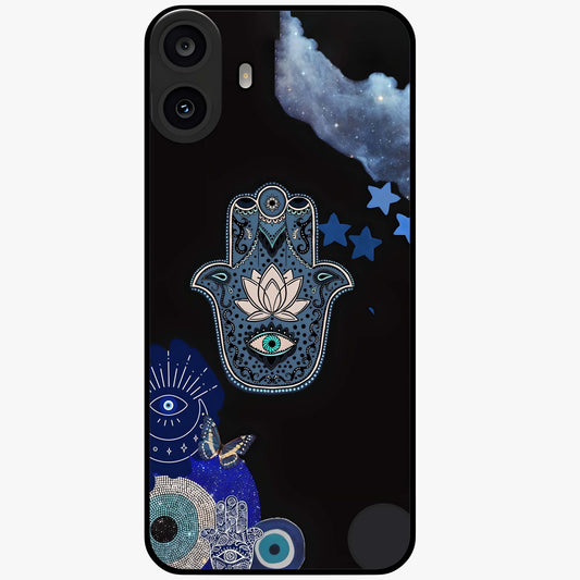 Mystic Hand Aura Glass Case showing flat back view with mystical hand symbol artwork and glossy glass finish.
