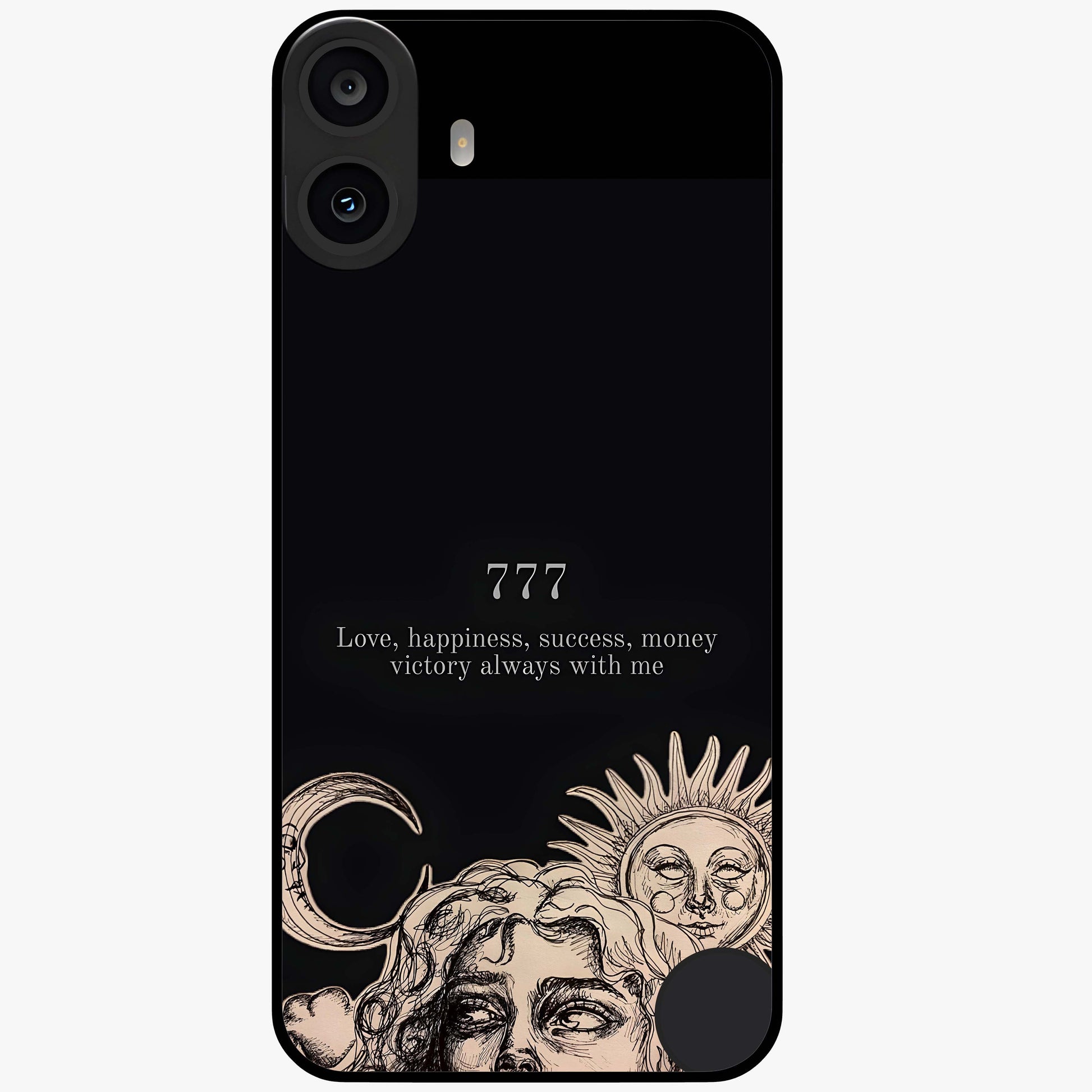 Mystic Victory Aura Glass Case showing flat back view with victory symbol artwork and glossy glass finish.