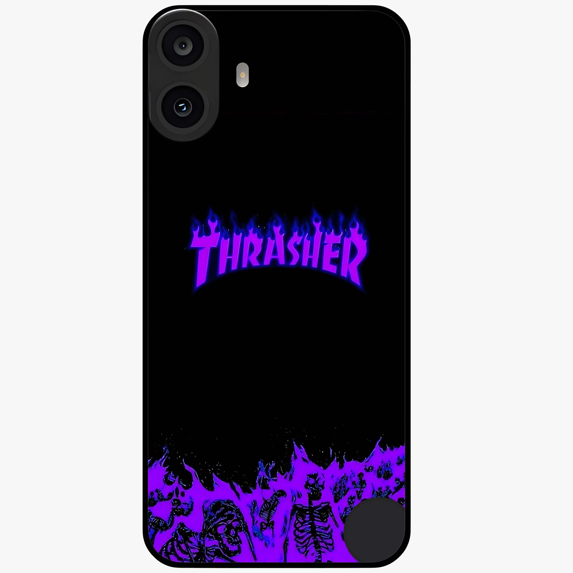 Neon Flame Riot Glass Case showing flat back view with neon flame artwork and glossy glass finish.