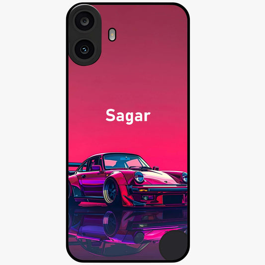 Neon Pink Porsche Glass Case showing flat back view with stylish sports car artwork and glossy glass finish.