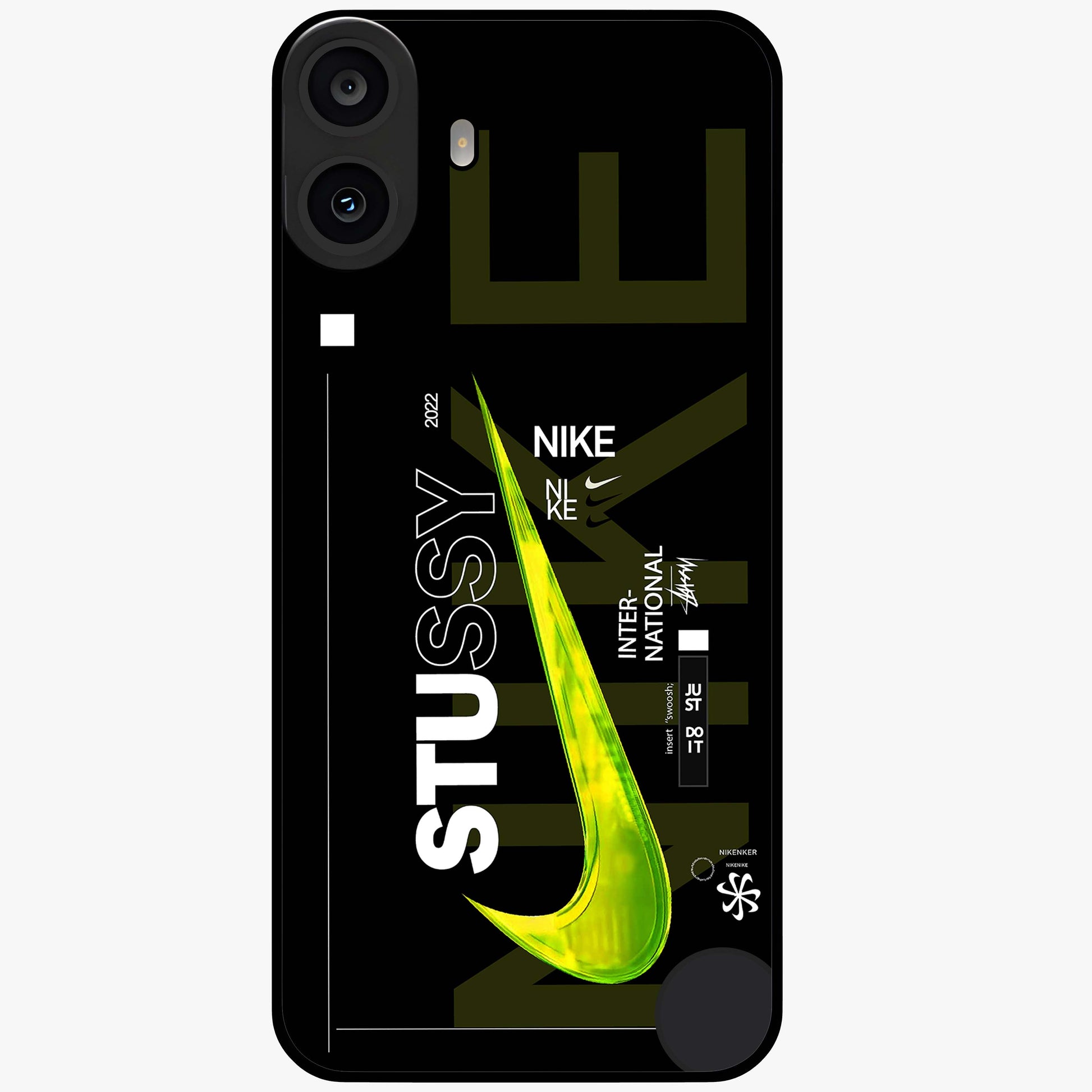Neon Street Edition Glass Case showing flat back view with neon street style artwork and glossy glass finish.
