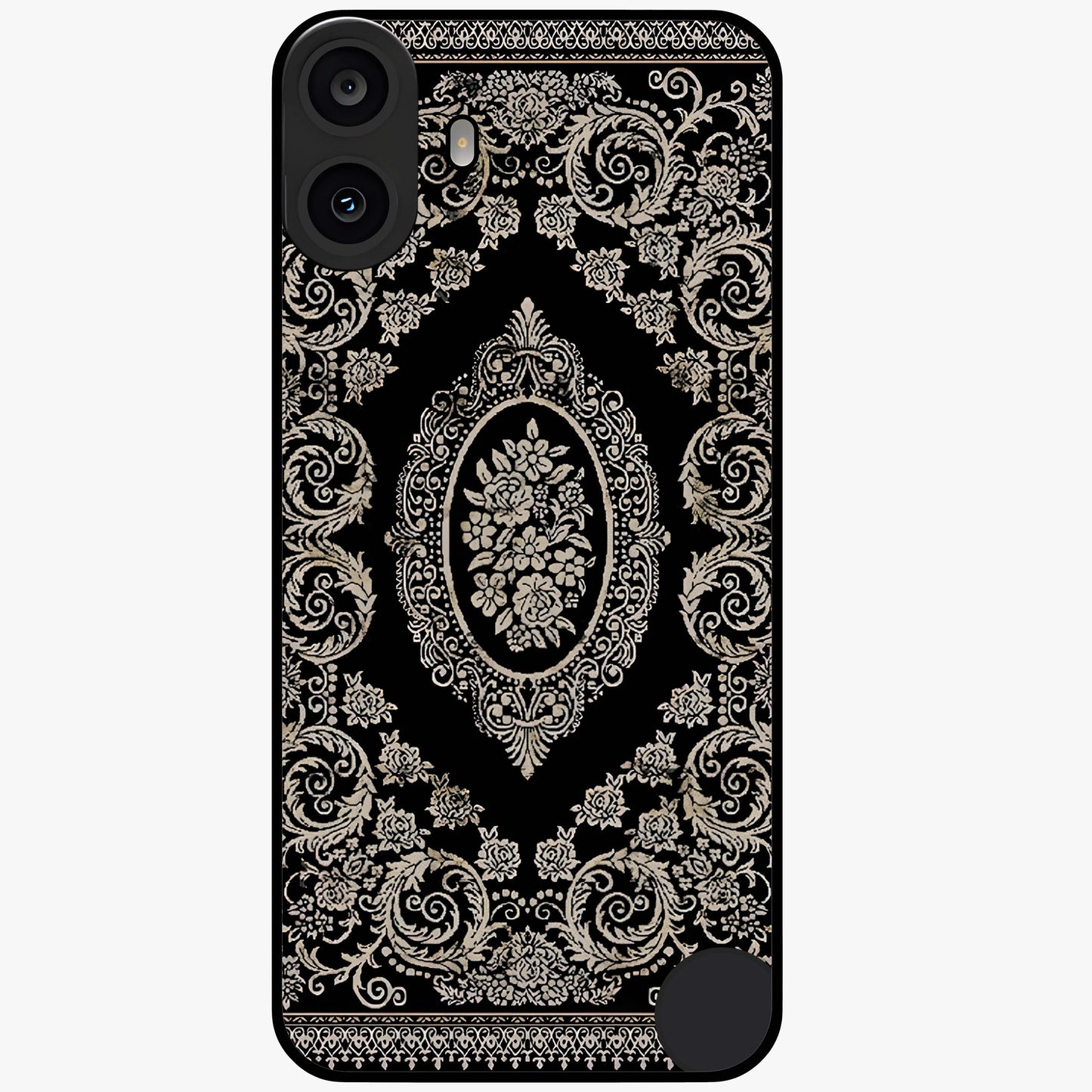 Noir Bloom Elegance Glass Case showing flat back view with elegant dark floral artwork and glossy glass finish.