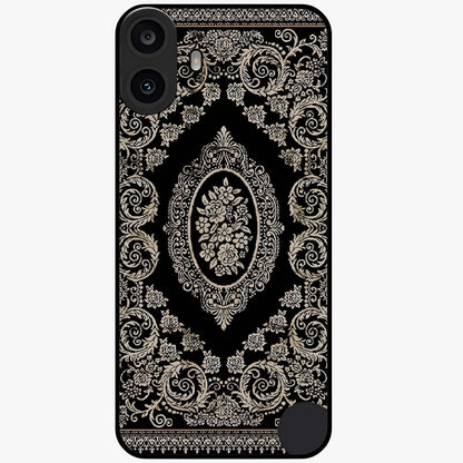 Noir Bloom Elegance Glass Case showing flat back view with elegant dark floral artwork and glossy glass finish.