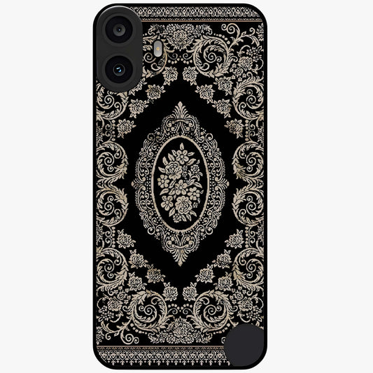 Noir Bloom Elegance Glass Case showing flat back view with elegant dark floral artwork and glossy glass finish.