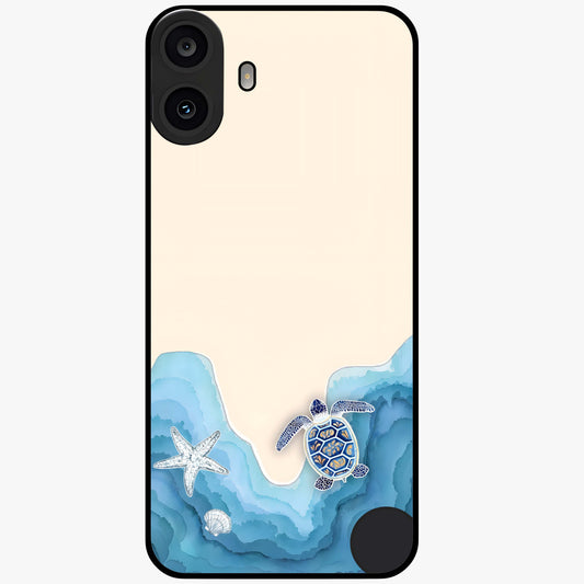 Ocean Drift Turtle Glass Case showing flat back view with sea turtle artwork and glossy glass finish.