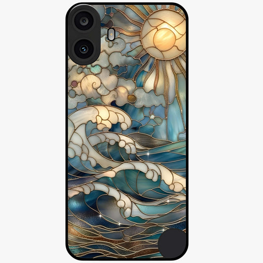 Oceanic Stained Printed Glass Case showing flat back view with ocean inspired stained pattern artwork and glossy glass finish.