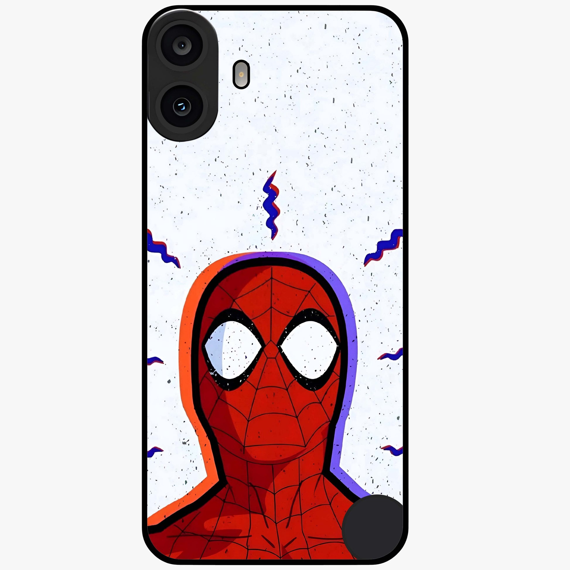 Omg Spiderman Glass Case showing flat back view with bold superhero inspired artwork and glossy glass finish.