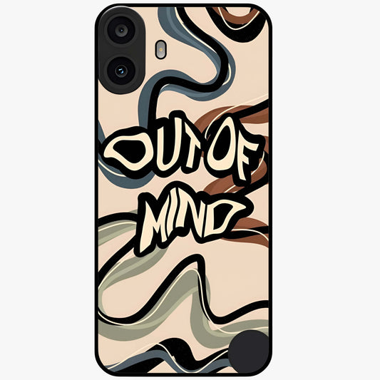 Out Of Mind Glass Case showing flat back view with expressive typography artwork and glossy glass finish.