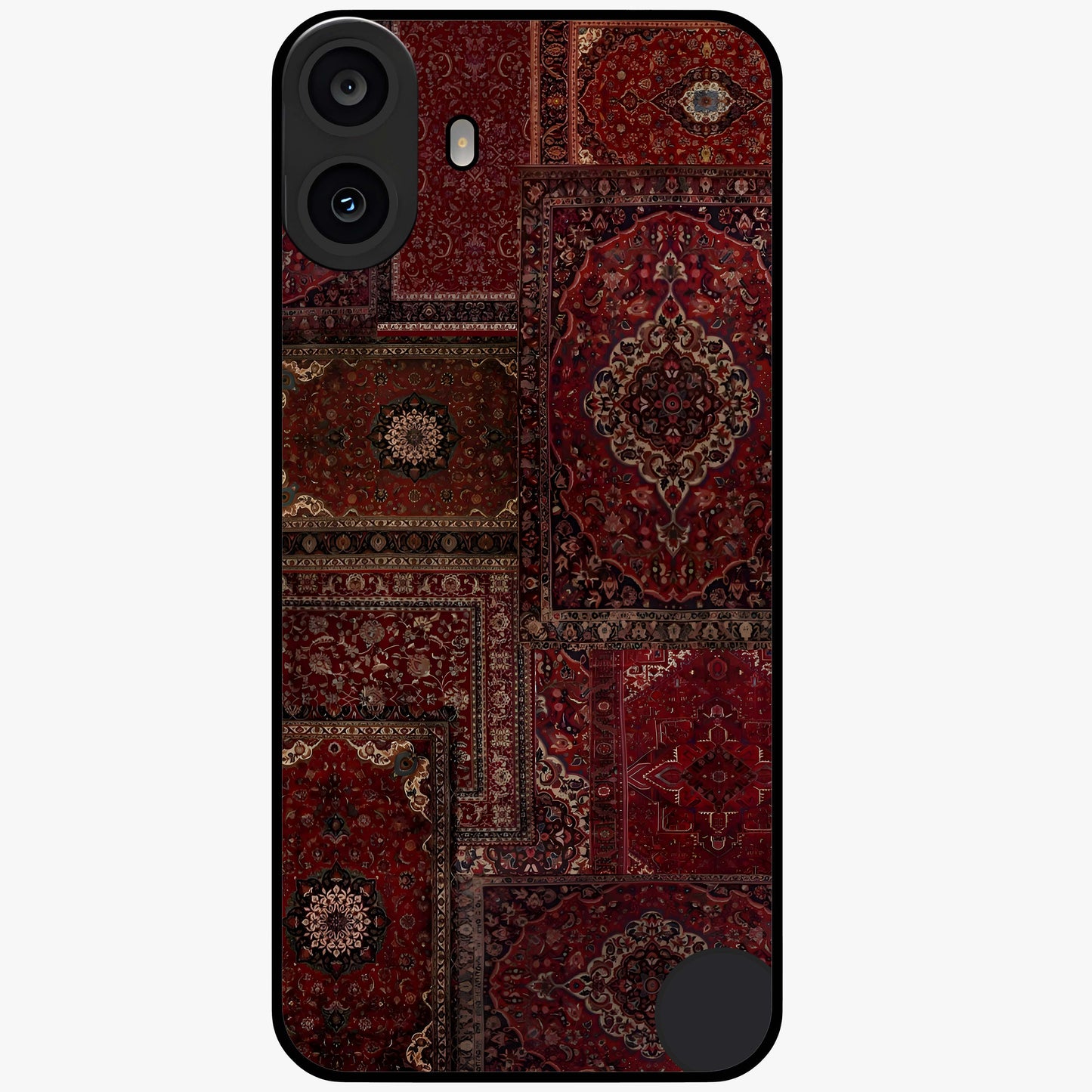 Persian Velvet Tale Glass Case showing flat back view with luxurious Persian velvet pattern artwork and glossy glass finish.