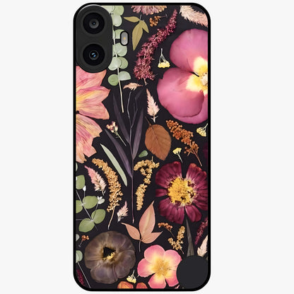 Petal Dream Tapestry Glass Case showing flat back view with intricate floral tapestry artwork and glossy glass finish.